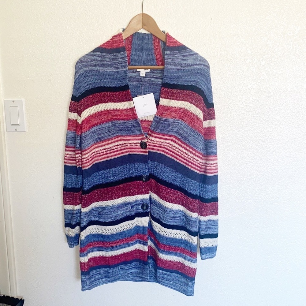J. Jill Red Blue White Striped Knit Cotton Linen Blend Duster Button Cardigan